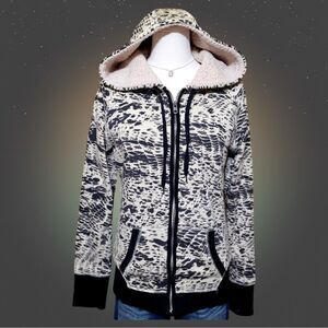 Hurley Womens Medium Zip Hoodie Jacket Cream Black Animal Print Sherpa Lined Y2K